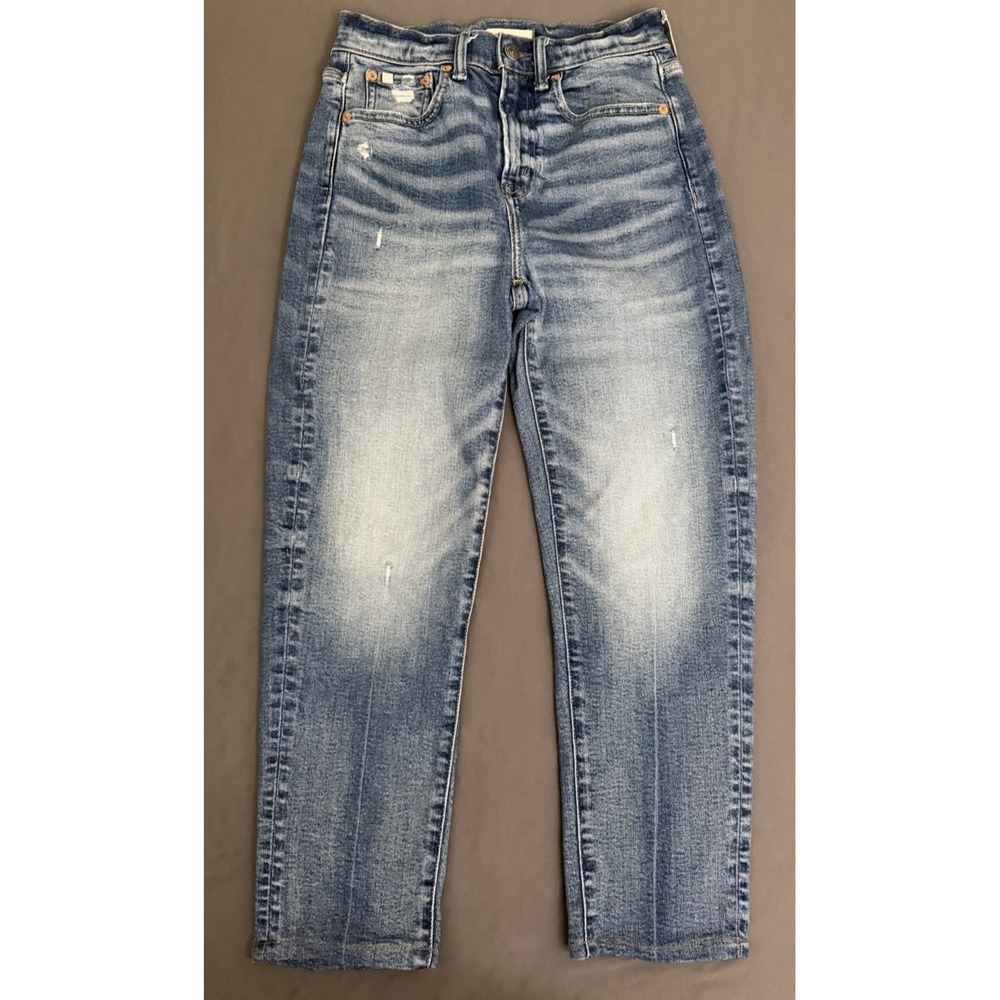 American Eagle Mom Jean Crop Womens Size 0 Mid Rise Dark Wash Distressed Stretch